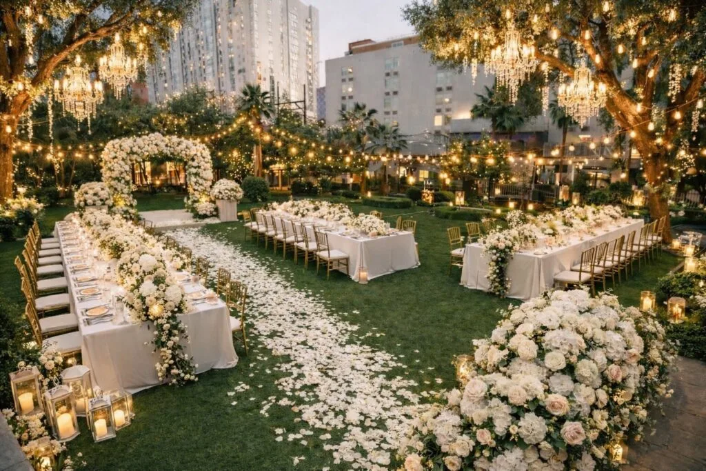 Wedding ceremony and reception setup in the Gold Spike Backyard