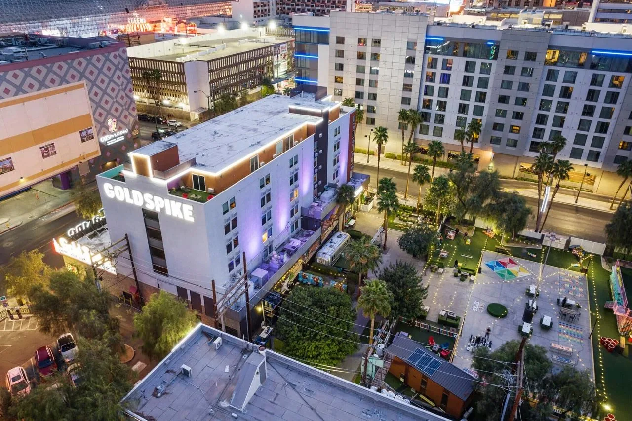 Aerial view of Gold Spike and its Backyard in downtown Las Vegas
